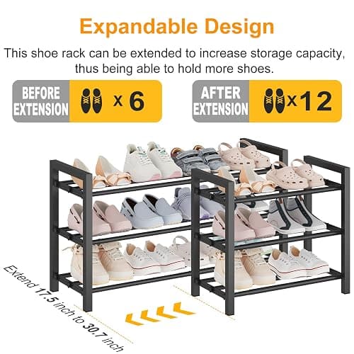 Detsuk 3-Tier Expandable Shoe Rack – Adjustable Heavy-Duty Metal Shoe Organizer Shelf for Closet, Entryway, Mudroom & Garage – Durable Freestanding Storage, Black thumbnail 4