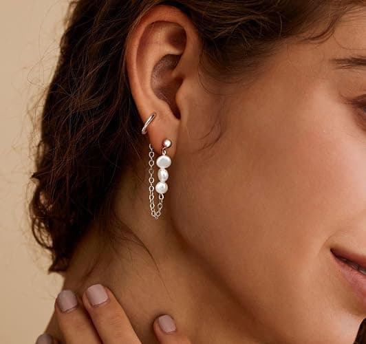 Gold Hoop Earrings for Women, 14K Gold Plated Hypoallergenic Pearl Drop Dangle Huggie Hoop Earring Stack for Multiple Piercings & Cartilage, Dainty Trendy Womens Jewelry thumbnail 3