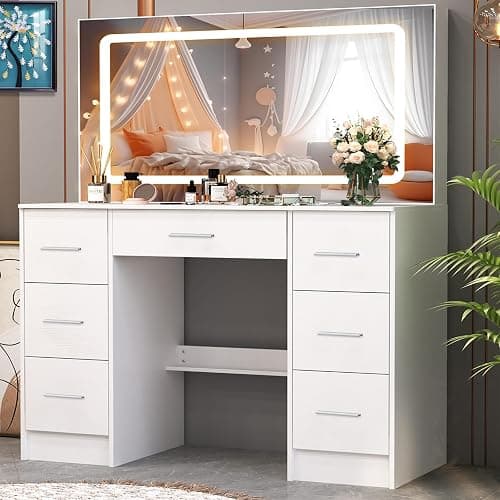 Caulitar 55.1" H White Big LED Vanity Desk with Mirror and Lights,Premium 7 Drawers & Wider Desktop Big Makeup Vanity for Girsl Teens Adults Bedroom thumbnail 6