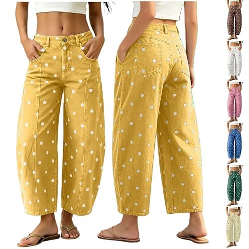 XUIXNW Womens Polka Dot Barrel Jeans 2026 Fall High Waisted Wide Leg Casual baggy Stretchy Denim Pants with Pockets - Image 1