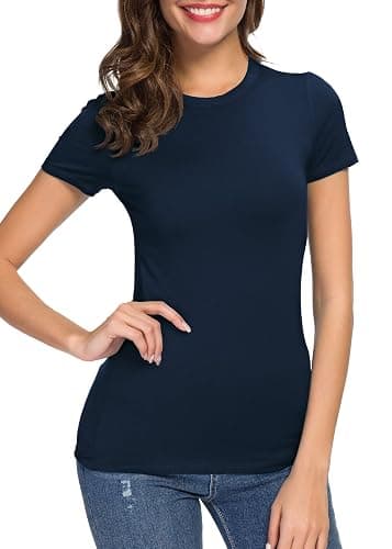 Women's Crewneck Slim Fitted Short Sleeve T-Shirt Stretchy Bodycon Basic Tee Tops thumbnail 5
