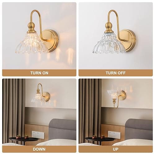 BrkNit Vintage Bathroom Light Fixtures Over Mirror, 1-Light Brass Wall Sconce Lighting with Flower Glass Shade, Farmhouse Vanity Lights for Bedroom Kitchen Living Room Hallway Light thumbnail 5