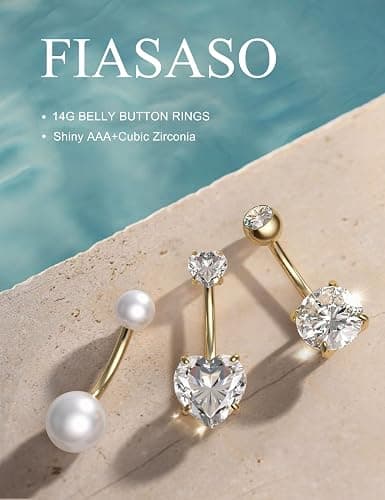 FIASASO 8 Pcs Belly Button Ring Dangle Hypoallergenic Surgical Stainless Steel Belly Rings for Women CZ Pearl Heart Butterfly Bow Flower Navel Piercing Jewelry Dangly Curved Navel Ring thumbnail 9