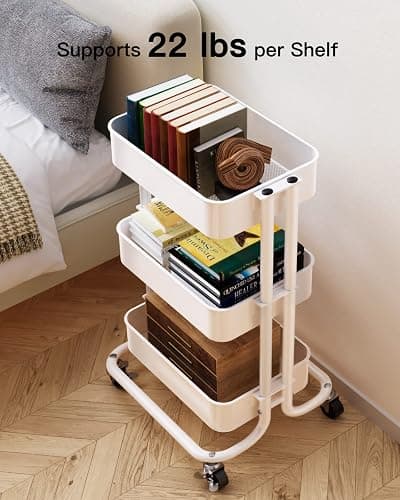 Pipishell 3 Tier Metal Rolling Utility Cart, Heavy-Duty Storage Rolling Cart with 2 Lockable Wheels, Multifunctional Mesh Organization Utility Cart for Kitchen Dining Room Living Room (White) - White - 3 Tier thumbnail 4