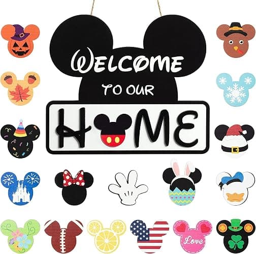 SUPYFD 19Pcs Cute Mouse Interchangeable Seasonal Welcome Door Sign for Front Door Decor, Welcome to Our Home Sign with Interchangeable Holiday Pieces for Farmhouse/Wall/Porch Decor and Housewarming - Image 1