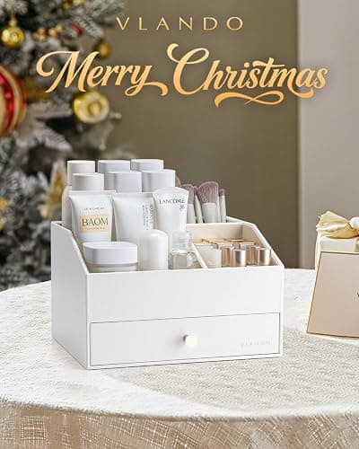 Vlando Makeup Organzier,Vanity Organizer with Drawers, PU Leather Skincare Organizer Perfume Organizer,Large Cosmetic Display Case for Lipstick,Brushes Gifts for Women-White thumbnail 3