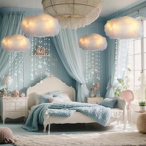 Marsui Artificial Cloud Props LED Hanging Cloud Light String Fake Imitation 3D Cotton Classroom School Decor Raindrop for Room Ceiling Baby Shower Party Wedding Nursery Classroom Wall DIY Decor(4 Pcs) thumbnail 5