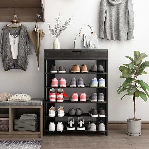 sogesfurniture 5-tier Wooden Shoes Rack Organizer with Storage Compartment, Free Standing Shoe Storage Shelf for Entryway, Living Room, Hallway, Doorway (29.5" Black) thumbnail 4