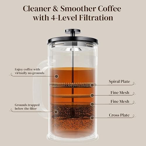 Veken French Press Coffee Maker 34oz, No Plastic Touching Cafe,Thickened Glass Stainless Steel Brewer, Cold Brew Cafetera Tea pot for Kitchen Travel Camping, Gifts, Decor, Bar Accessories, Dark Pewter thumbnail 7