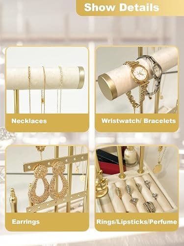 sousac 3 Tier Jewelry Organizer Stand with Detachable Ring Tray, Multi-functional necklace Holder for Bracelet, Earring, Elegant Closet Decor Gift for Women (White) thumbnail 4