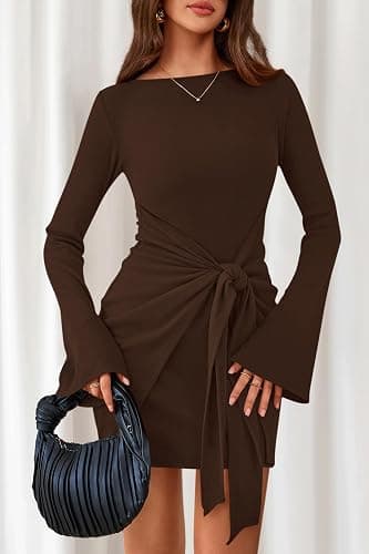 dowerme Women's Casual Mini Dress 2025 Bell Long Sleeve Boat Neck Tie Waist Bodycon Dresses Knitted Party Fall Outfits thumbnail 2