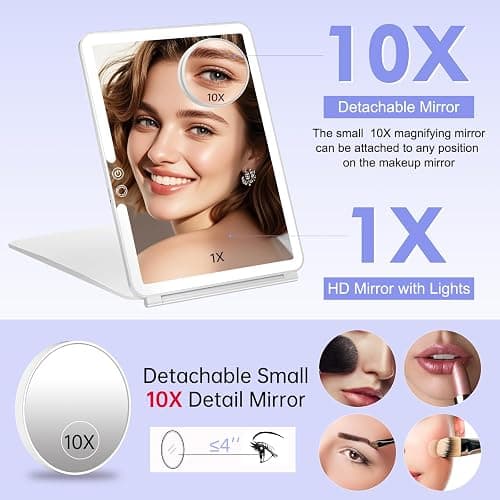FUNTOUCH Rechargeable Large Travel Makeup Mirror with Lights, 2500mAh 10x7.5 Portable Lighted Makeup Mirror with 3 Color Lights, Dimming Folding Light Up Travel Mirrors with 10X Magnifying Mirror thumbnail 4