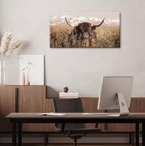 DJSYLIFE Highland Cow Wall Art Farmhouse Decor Canvas Printed Country Cow Pictures Western Rustic Modern Artwork Decorations for Bedroom Office Living Room Framed Ready to Hang 20" x 40" thumbnail 2