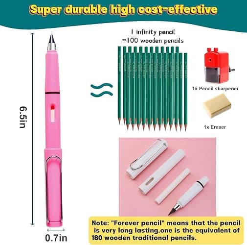 XIUSHE 8PCS Pink Infinity Forever Pencils for Writing-0.7mm Infinite Everlasting Metal Inkless Pencils Set,Technology Magic Writing Pencil For School Office Professional Use (Pink,8) thumbnail 2
