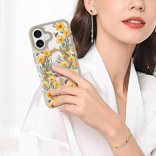 Fsoole Magnetic for iPhone 17 Case [Compatible with MagSafe] Clear Floral Flower Bee Pattern Design, Slim Shockproof Protective Phone Cover for Women Girls thumbnail 6