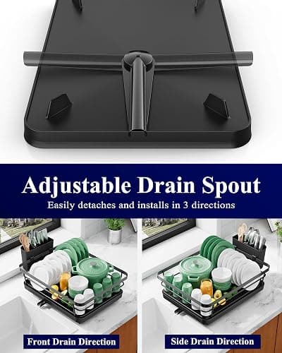 Kitsure Dish Drying Rack for Kitchen Counter, Stainless Steel Sink Organization and Storage Essentials with Cutlery Holder, Home and Appartment Decor, 12''W x 15.5''L, Black thumbnail 5