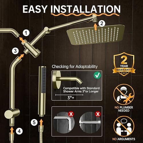 Veken All Metal 10" Shower Head with Handheld, Luxurious Square Double Rain Shower Heads with Spray Combo, Dual High Pressure Detachable Rainfall Showerhead with Extension Arm, Long Hose,Brushed Gold thumbnail 8