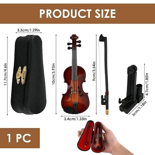 10CM Miniature Violin - Tiny Wooden Musical Instrument Model with Stand, Bow & Black Leather Case - Worlds Smallest Emergency Violin for Kids Gift & Decorating thumbnail 2