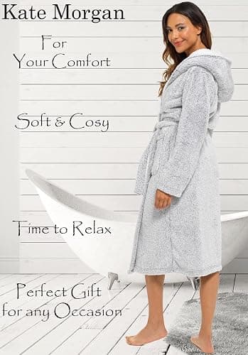 KATE MORGAN Ladies Dressing Gown Fluffy Super Soft Hooded Bathrobe for Women Plush Fleece Perfect Loungewear Long Robe | Gifts for Women thumbnail 6