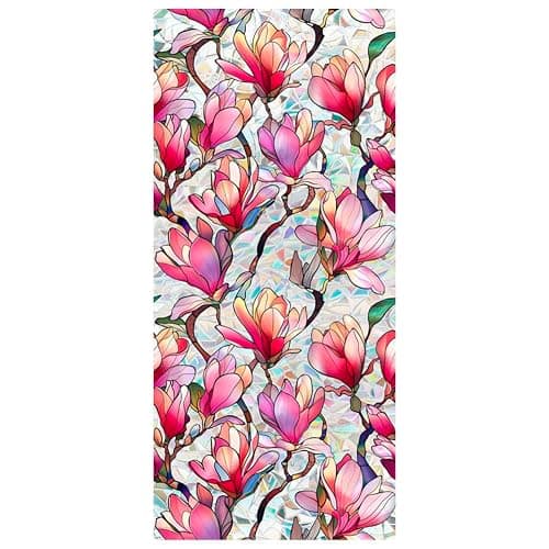 Fenster-Sichtschutzfolie, Motiv: Regenbogen-rosa Magnolien-Blüten, Sonnenschutz, dekorativ, PVC, Buntglas-Fensteraufkleber, nicht klebend, statisch haftender Aufkleber für Zuhause, Büro, 43,02 x - Image 1