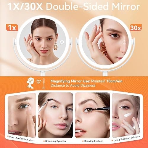 Auxmir Specchio Trucco con Luci 30X/1X Bifacciale, Specchio Ingranditore 8", Specchio da Tavolo Ricaricabile 2000mAh, 3 Colori di Luci 64 LED Rotazione a 360° Smontabile per Camera da Letto, Viaggio thumbnail 4