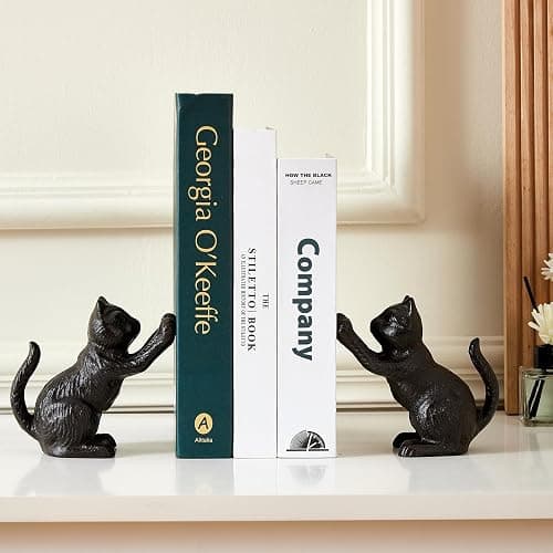 Denique Cat Decorative Bookends, Cute Book Ends to Hold Books, Bookends for Shelves, Unique Cast Iron Book Stopper for Heavy Books, Cat Office Decor, 1 Pair/2 PCS thumbnail 6