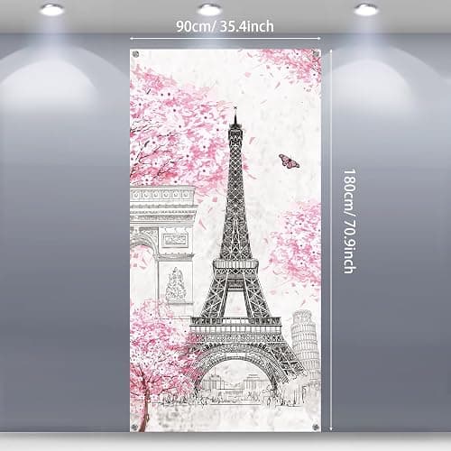 Tatuo Paris Eiffel Tower Backdrop Pink Eiffel Tower Background Banner 70.9 x 35.4 Inch Paris Pink Tree Wall Hanging Decor for Girls Bedroom Living Room Photograph Party Decoration thumbnail 2