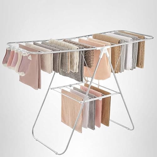 SONGMICS Clothes Drying Rack, Foldable 2-Level Laundry Drying Rack, Free-Standing Laundry Airer, with Height-Adjustable Wings, 33 Drying Rails, Sock Clips, Silver and White ULLR053W01V1 thumbnail 9