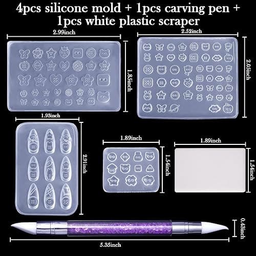 Laza 4pcs Button Silicone Nail Art Molds, 3D Multiple Shapes Embossed Button Nail Charms Nails Accessories with Carving Pen Resin Nail Art Mold Manicure Tools for Manicures Design thumbnail 3