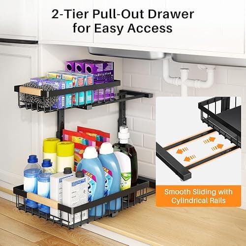 PXRACK Under Sink Organizer, Adjustable Height, 2 Tier Pull Out Under Cabinet Organizer, Slide Out Thickened Metal Under Sink Storage for Kitchen Bathroom Laundry Pantry Cabinet, Black, Large-2-Pack thumbnail 3