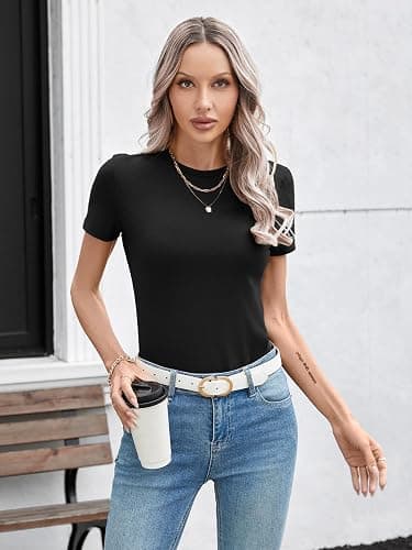 SANDERY Womens Round Neck Long/Short Sleeve Shirts Ribbed Casual Slim Fitted Tops Blouses thumbnail 6