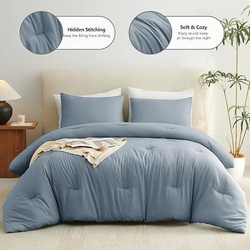 CozyLux Grayish Blue Full Size Comforter Set, 3 Pieces Dusty Blue Solid Breathable Quilted Bedding Sets, Luxury Soft Bed Set with Down Alternative Comforter All Season (1 Comforter & 2 Pillowcases) thumbnail 2