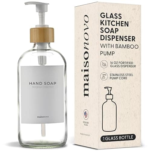 MaisoNovo Glass Dish Soap Dispenser for Kitchen Sink Set of 1-500 ml Dish and Hand Soap Dispenser Set for Kitchen - Clear Glass Bottle with White Bamboo Pump x 1 - Image 1