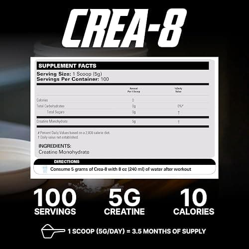 EHP Labs CREA-8 Micronized Creatine Monohydrate Powder - Unflavored Creatine Powder for Muscle Growth, Increased Strength, Enhanced Energy Output and Improved Performance - 100 Servings (500g) thumbnail 4