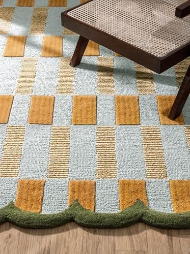 Hand-Tufted Wool Rug with Scalloped Edges, Light Blue Plaid Pattern, Cozy Soft Area Rug for Living Room, Bedroom, and Nursery, Handmade Modern Accent Rug, 5x8 Ft - Image 1
