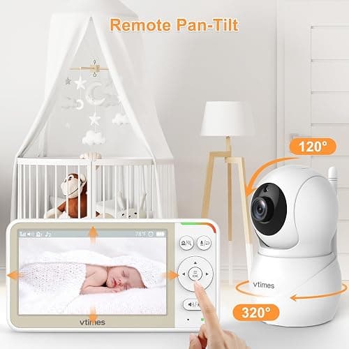 VTimes No WiFi Baby Monitor Camera & Auido, 5" Screen with 30Hr Battery | Pan-Tilt-Zoom, VOX Mode, Two-Way Audio, Night Vision, 1000ft Long Range，Temperature Alert, Lullabies,French & English thumbnail 5
