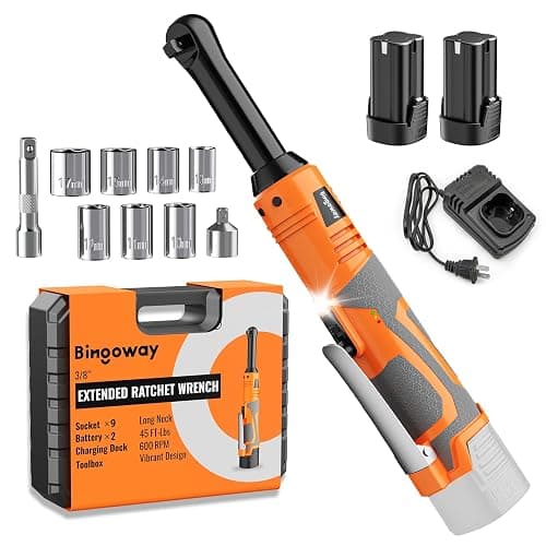 Bingoway 3/8" Extended Electric Ratchet Wrench Set, 45ft-lbs Cordless Long Neck Power Ratchet Wrench Kit with 2pcs Batteries, LED Light, 9 Sockets, Toolbox, Variable Speed, For Housework, Car Repair - Image 1