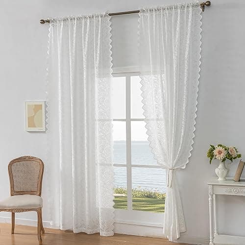 Rinwoc White Lace Semi-Sheer Curtains – Vintage Floral Lace for Bedroom/Bathroom, Light Filtering Rod Pocket Drapes, Privacy Chic Window Treatments Scalloped Hem, 52W x 72L Inch, 2-Panel Set thumbnail 9