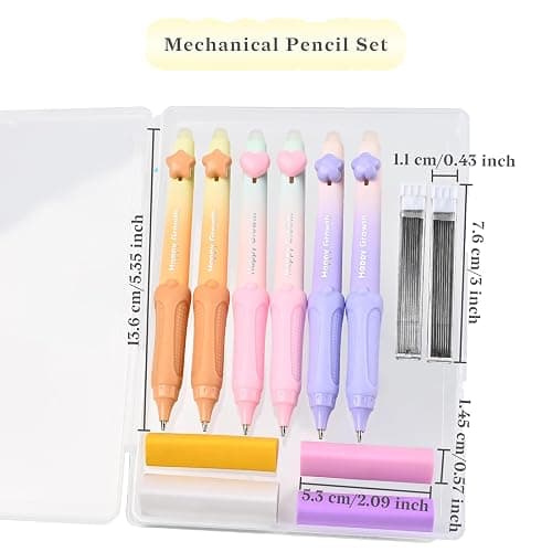Temiary Cute Mechanical Pencil Set with Case, 6 Pcs Medium Point 0.9 mm Pencils with 2 Tubes HB Lead Refills, 4 Pcs Erasers for School Supplies Student Writing, Drafting Sketching (Pastel) thumbnail 3