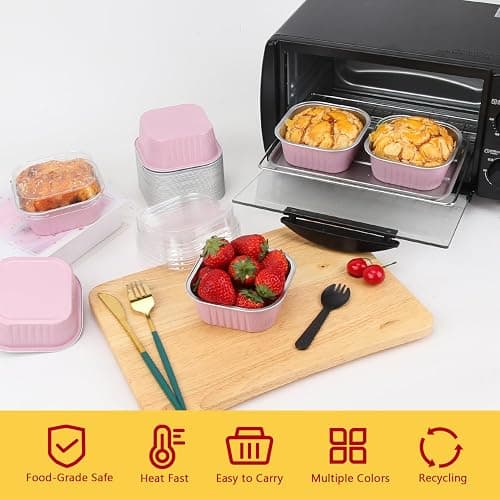 LNYZQUS 10oz Mini Cake Pans With Lids 40 Pack, Aluminum Foil Square Brownie Baking Cups,Disposable 4”x4” Large Cupcake Pan,Jumbo Muffin Tin Ramekins Holders-Pink thumbnail 4