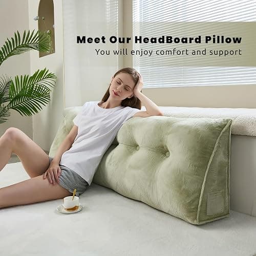 Zelladorra Headboard Pillow for Bed,Triangular Wedge Pillow Headboard Soft Support While Reading and Resting,Bed Bolster Cushion Headboard with Removable Cover,Sage Green,Queen (59"x8"x20") thumbnail 6