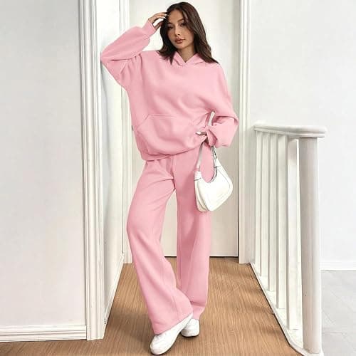 Sweatsuits Women 2 Piece Outfit Fleece Cute Oversized Hoodies Y2k High Waisted Baggy Wide Leg Sweatpants with Pockets thumbnail 2