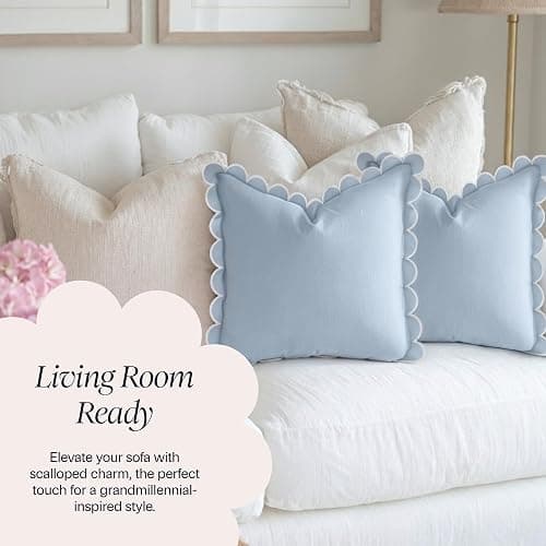 BEBE BASK Blue Scalloped Pillow Cover - Set of 2-18 x 18 Inch - Scallop Pillow Cover - Scalloped Pillows - Scallop Pillows - 100% Cotton - Grandmillennial Style (Sky Blue/White) thumbnail 6
