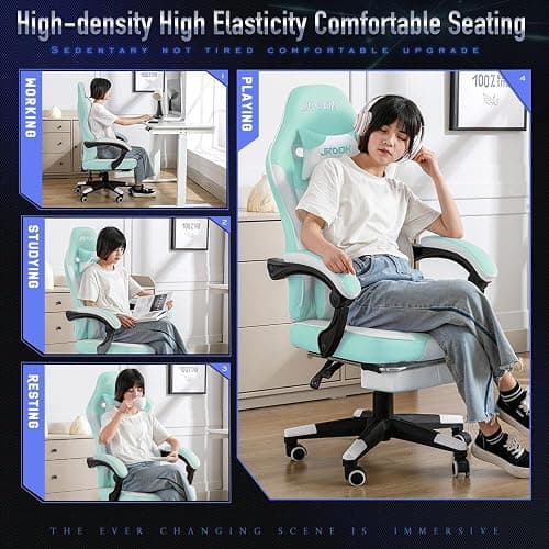 JKOOK Gaming Chair with Footrest, Multifunctional Desk Chair with Linkage Armrest, PU Leather, Video Game Computer Chairs with Lumbar Support, Study,Game,Office,JK08 (Mint Green) thumbnail 3