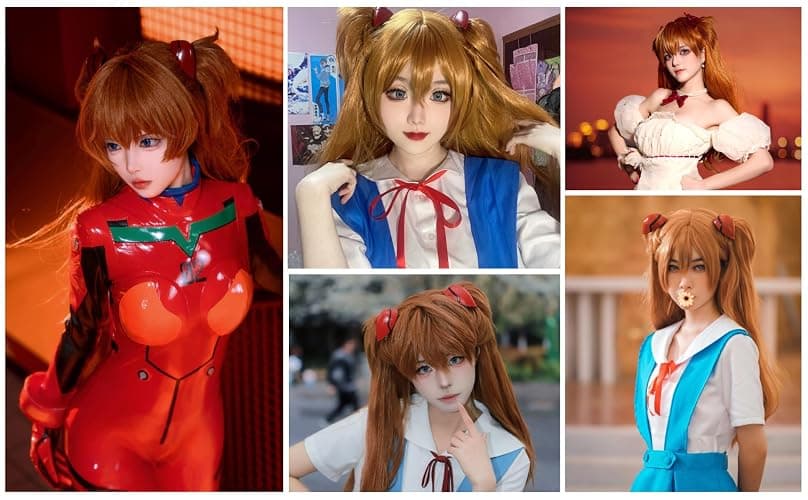 Wiggy Mermaid Ginger Orange Wig with Pigtails Cosplay Wig + Hairpin Anime Pigtails Womens Long Straight 2 Ponytails Halloween Hair Wigs + Cap thumbnail 2