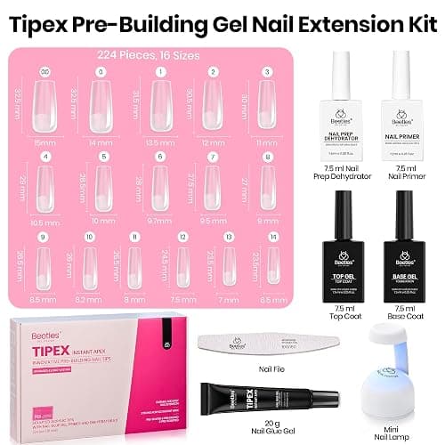 Beetles Tipex Instant Apex Nail Tips Kit, Long Square, 224pcs 16 Sizes | With Dehydrator & Primer, Thicker, Reinforced Apex for Long-Lasting Wear, 20g Solid Nail Glue, Mini UV Lamp, Base & Top Coat thumbnail 8