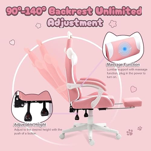 Dowinx Gaming Chair Cute with Cat Ears and Massage Lumbar Support, Ergonomic Computer Chair for Girl with Footrest and Headrest, Comfortable Reclining Game Chair 290lbs for Adult, Teen, Pink thumbnail 6