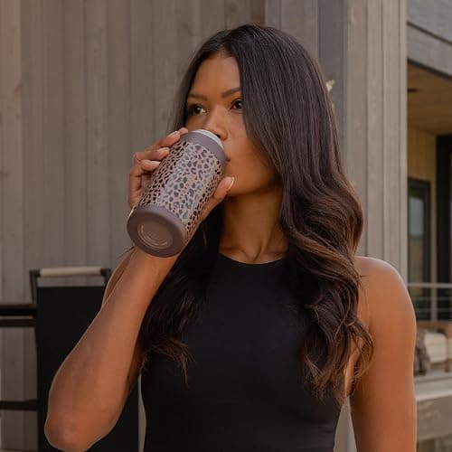 HydroJug Slim Can Cooler 12 oz, Stainless Steel Can Holder, Brown Leopard | Fits 12 oz slim cans, double-wall insulated, snug fit wings, screw-top lid, cup holder friendly, dishwasher safe thumbnail 2