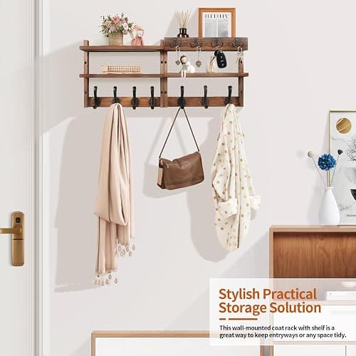 29" Coat Rack Wall Mount with Shelf, Pine Two-Tier Wall Shelf Mounted Coat and Key Hanger with 7 Heavy Duty Hooks 4 Key Hooks, Entryway Key Holder with Mail Holder for Bedroom,Living Room (Brown) thumbnail 3