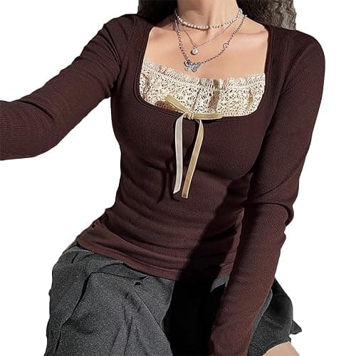 Women's Y2K Knitted Tops Long Sleeve Square Neck Lace Slim Fit Tops Fairy Grunge Shirt Aesthetic Clothes thumbnail 3